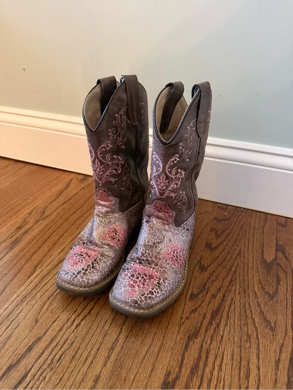 Girls Pink Brown Western Cowboy Boots Size 1